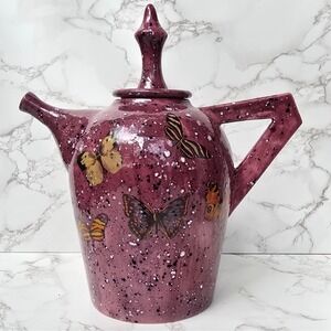 Scioto Whimsical Teapot Purple Speckled Ceramic Butterfly Decor Angular Handle